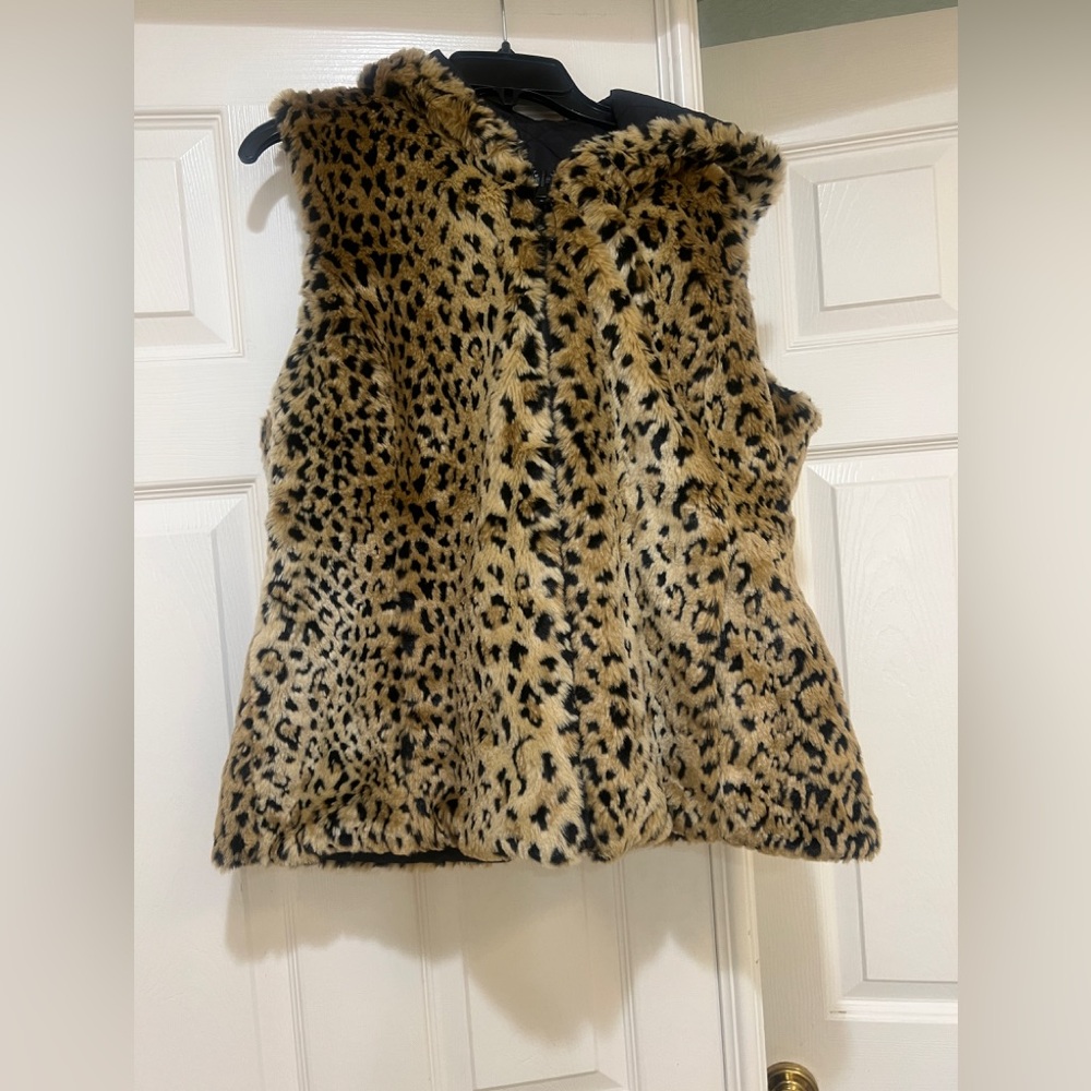 Kristen Blake Leopard Print Faux Fur Full Zip Reversible Vest Jacket Size M
